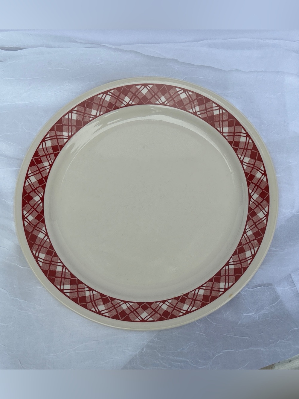 2 Corelle Cream Dinner Plates with Red Plaid Rim